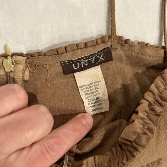 Vtg Unyx Dress Brown Faux Suede Asymmetrical Ruffle Western Goth Whimsy L Y2K - Picture 8 of 8
